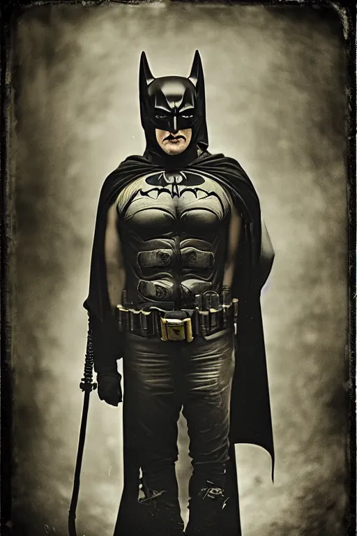 Prompt: a wet plate photograph of Dieselpunk Batman