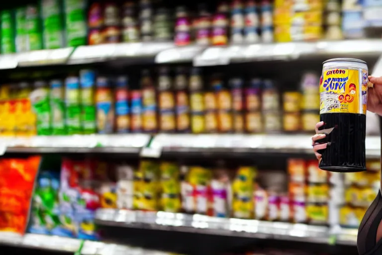 Prompt: Curvy woman with a wasp waist reaches for a can of soup that is on the top shelf at the grocery store, back shot, HD photo