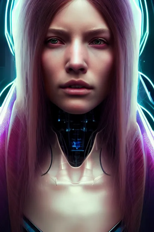 Image similar to a portrait of a beautiful 28th century super cool post-human female with long hair, barely human and largely biomechanical cyberpunk, hyper-realistic, very detailed unreal engine, by Artgerm, WLOP and Ross Thran, dramatic cinematic lighting rendered by octane, 8k, detailed, trending on artstation, deviantart google images, pinterest