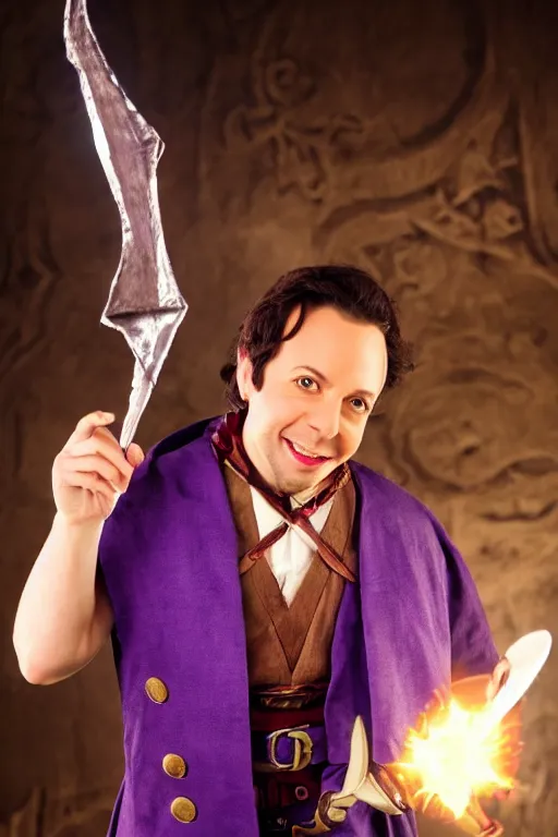 Image similar to Sam Riegel as Scanlan Shorthalt from Vox Machina, Halfling Bard, realistic cinematic shot, flipping you off using a magical glowing purple magic hand, subtle fog and mood lighting