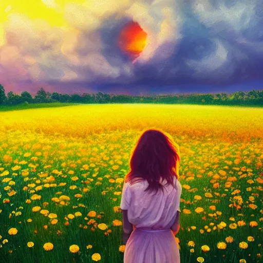 Image similar to full body girl standing in a flower field, her head is hidden behind the huge daisy flower,. surreal photography, sunrise, dramatic light, impressionist painting, colorful clouds, digital painting, artstation, simon stalenhag