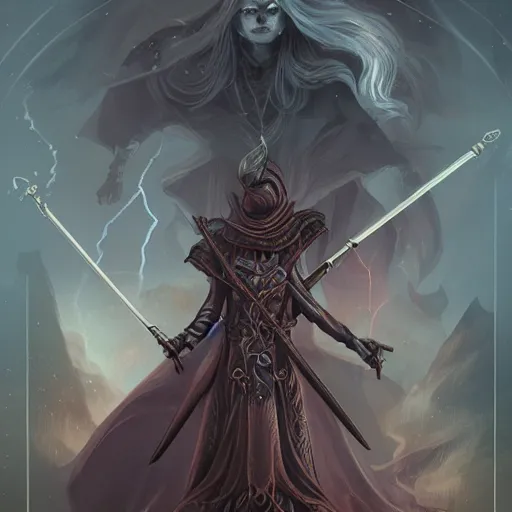 Image similar to a tarot card of a two female necromancers casting spells, ominous nighttime storm, fantasy, d & d, intricate, elegant, highly detailed, digital painting, artstation, concept art, matte, sharp focus, illustration
