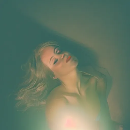 Image similar to photo of a beautiful woman lit from below with turquoise light and from above with golden orange light