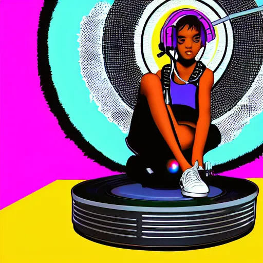 Prompt: a punk teen black girl wearing headphones plugged in and lying on top of a giant record player, weirdcore, bizarre, beautiful, colorful background, digital art