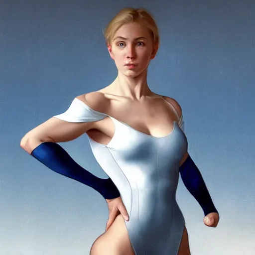 Image similar to a beautiful portrait of a beautiful strong cute young superhero woman, shoulder - length blonde hair, tight solid matte navy blue lycra bodysuit, white cape, body, muscles, intricate, elegant, 8 k, highly detailed, digital painting, concept art, smooth, sharp focus, illustration, by artgerm greg rutkowski alphonse mucha loish wlop