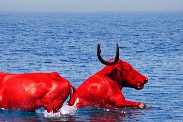 Prompt: red!!! bull in the ocean