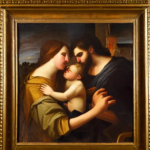 Image similar to an oil panting of a jesus kissing maria maddalena