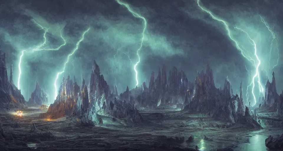 Image similar to electric lightning castle in the center of the dante alighieri hell,, aurora boreal, thunder, intricate, elegant, glowing lights, highly detailed, digital painting, artstation, concept art, smooth, sharp focus, illustration, epic composition, great space, greg rutkowski, 8 k, very high resolution, astrophotography, processing, extremely hyperdetailed