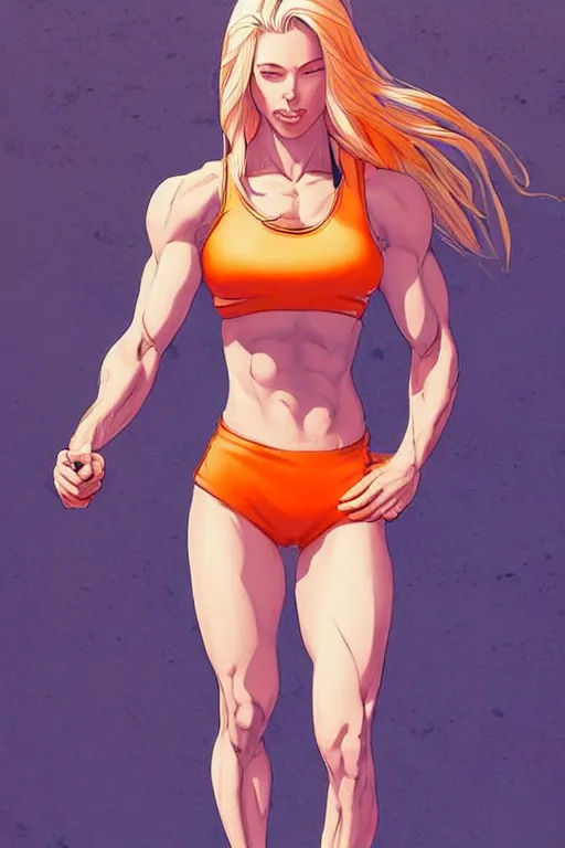 Image similar to a gorgeous muscular woman with very long hip-length blonde hair, wearing a cut-off white top and orange cut-off shorts standing by the water, in the style of artgerm and moebius and annie liebovitz, marvel comics, photorealistic, highly detailed, trending on artstation