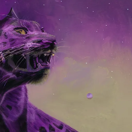 Prompt: closeup of a purple panther roaring at the moon in the forest. night. large moon in the center. z. a.. cinematic. painting. concept art. rustic. gritty.