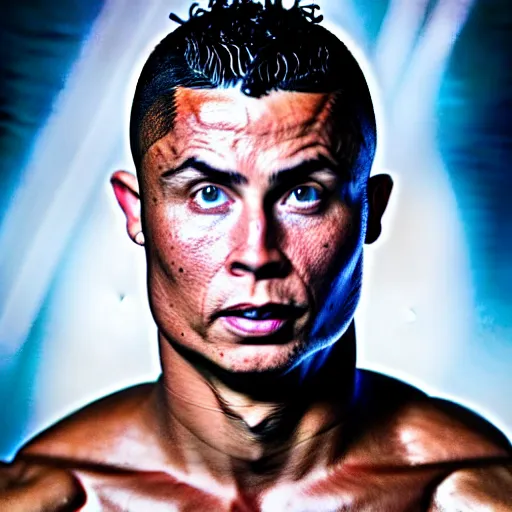 Image similar to uhd candid photo of cosmic og ronaldo phenomenal, powering up, studio lighting, radiant light, hyperdetailed, correct face, symmetrical face, elaborate intricate details. photo by annie leibowitz