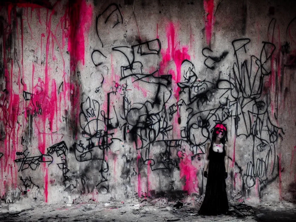 Prompt: graffiti in an abandoned bunker, cute fumo plush gothic black enigmatic maiden girl painted in spilt red ink and washed watercolor, neon light, avant garde pop art, filmic, daylight, captured on canon eos r 6