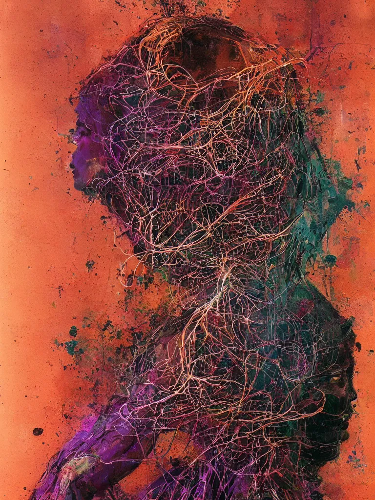 Image similar to a beautiful glitched painting by robert proch and emilio pettoruti of an anatomy book picture of the human nervous system on matrix wallpaper, color bleeding, pixel sorting, copper oxide and rust materials, brushstrokes by jeremy mann, dramatic lighting, pastel purple background