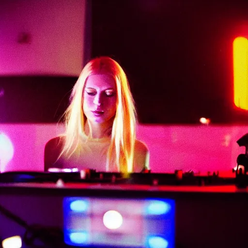 Image similar to A young, blonde-haired woman with soft facial features and blue eyes, 35mm photograph, neon lights in the background, DJing at coachella