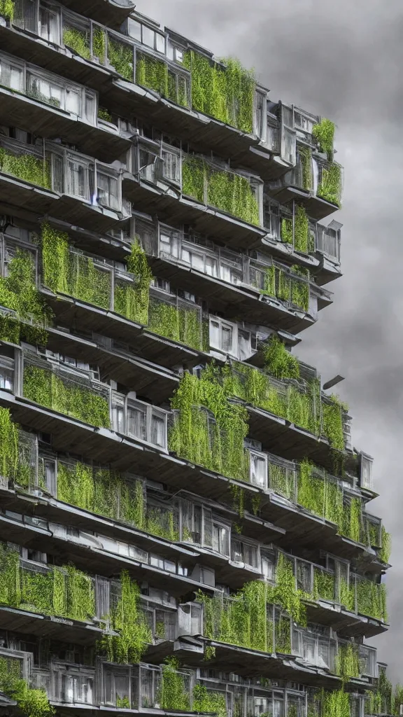 Prompt: historical photo in style of hilla and bernd becher. biopunk timber futuristic building in a urban setting. hyper realistic. cloudy morning. mossy buildings have deep tall balconies with plants, trees, and many figures in bright clothing. thin random columns, large windows, deep overhangs. greeble. 8 k, volumetric lighting.