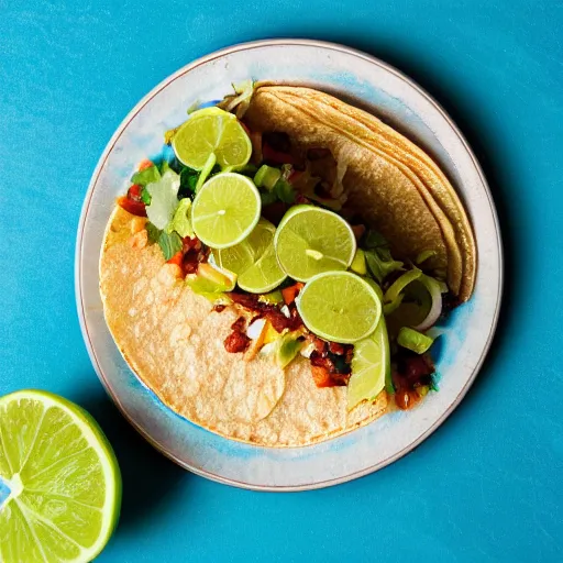 Image similar to a topdown photo of a vegetarian taco and a plate of sliced limes on a blue marble benchtop, high resolution, 4 k, natural lighting