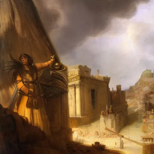 Prompt: Painting of a cinematic still of a female viking with a golden arm by Rembrandt van Rijn and Hubert Robert, 200mm, Ancient Roman Ruins in the background, dramatic clouds, city in the distant on fire