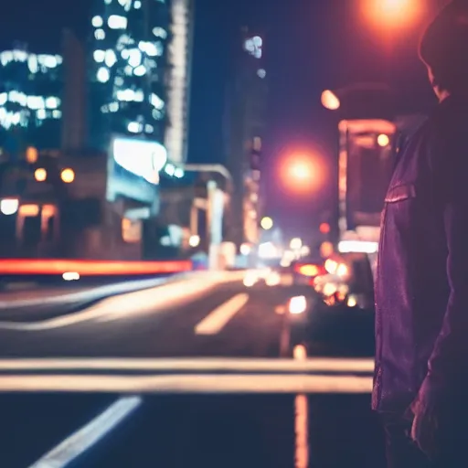 Image similar to a still of Tom Cruise. Shallow depth of field. City at night in background, lights, colors ,studio lighting, mood, 4K. Profession photography