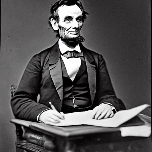 Prompt: Portrait of Abraham Lincoln using a laptop, 1865