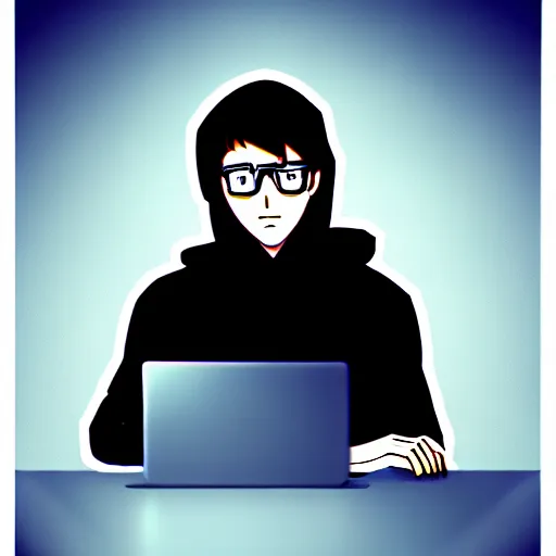 Image similar to a smart teenager boy with a black hoodie sitting behind his laptop and programming, digital art, anime style, trending on Artstation