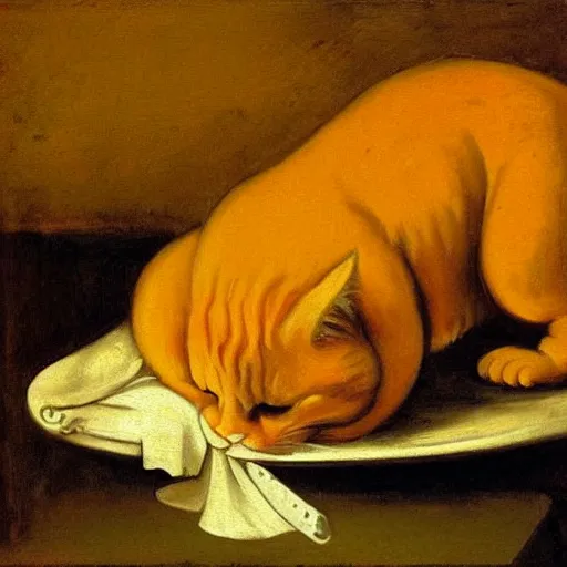 Prompt: realistic baroque painting of a giant fat orange tabby cat preparing to devouring a steaming hot lasagna, oil painting by goya, caravaggio, dramatic lighting, garfield by jim davis