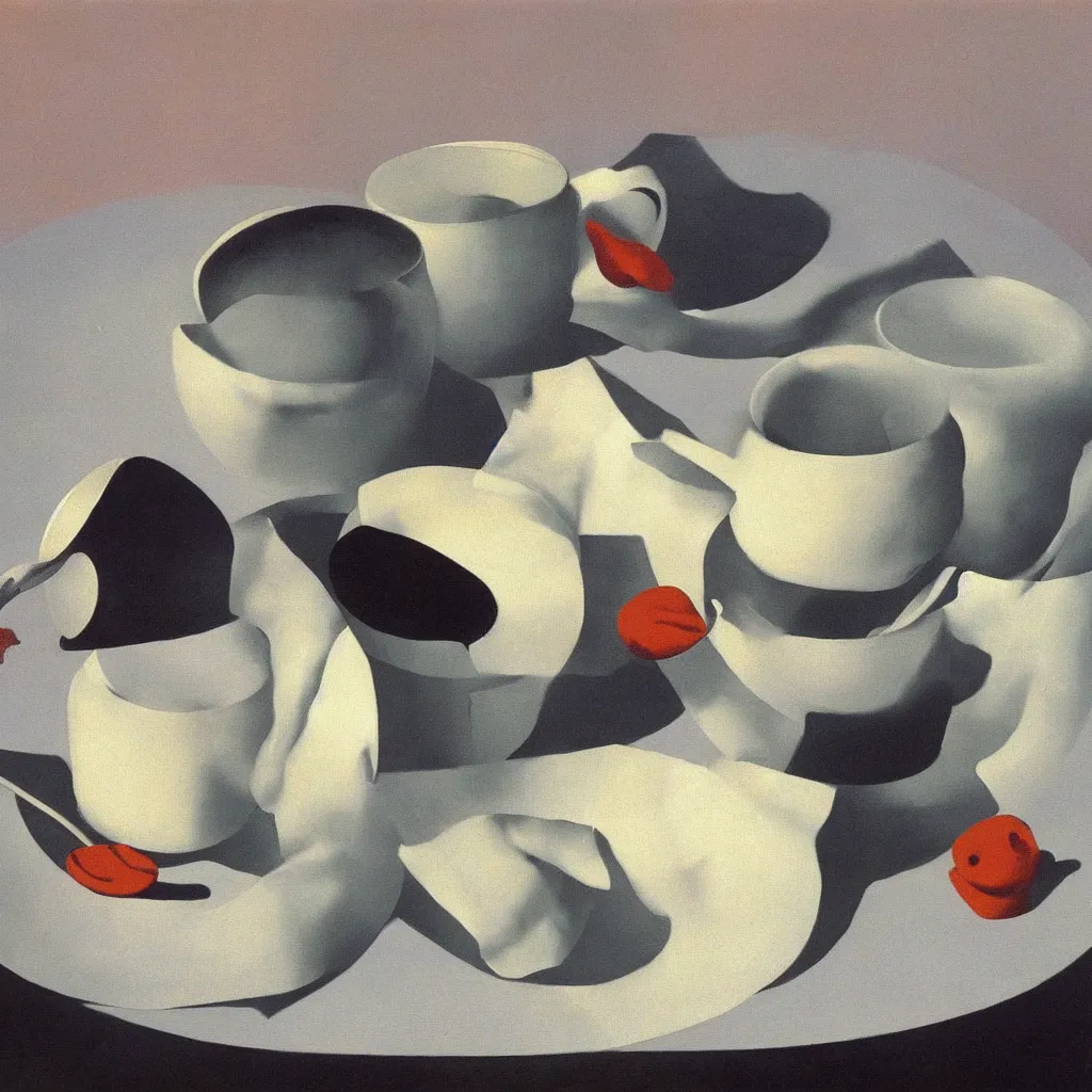 Prompt: Rene Magritte painting of a cup of tea, high quality, surrealist