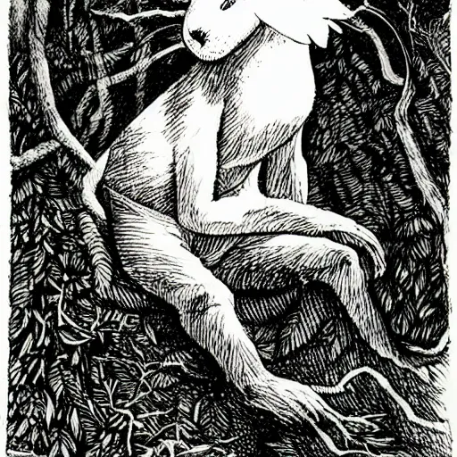 Image similar to a pen and ink drawing of a white rabbit smoking a cigarette while reclining in a deep dark tangled forest, a lingering smoke cloud, childrens book illustration, by edward gorey, by gustav dore