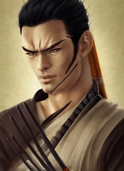 Prompt: a portrait of roronoa Zoro if he was real, wearing a traditional samurai dress, intricate, highly detailed, digital painting, artstation, concept art, smooth, sharp focus, illustration, art by Charlie Bowater and Gustave Baumann, matte painting