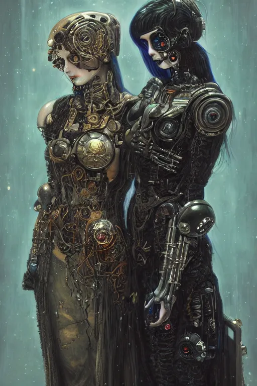 Prompt: portrait of two beautiful young gothic cyborg maidens, cyberpunk, Warhammer, kiss, highly detailed, artstation, illustration, art by Gustav Klimt