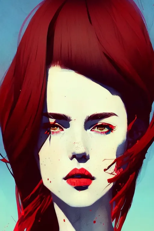 Image similar to a ultradetailed beautiful portrait panting of a stylish woman with red bangs, she is wearing a black dress, by conrad roset, greg rutkowski and makoto shinkai, trending on artstation