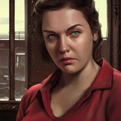 Prompt: portrait of a brunette chubby woman with blue eyes in fallout 4, light stubble with red shirt inside victorian mansion ,digital art,photorealistoc,art by greg rutkowski,hyperdetailed,western comic style,comic,comic style,sharp lineart,professional lighting,deviantart,artstation,trevor henderson,rossdtaws,cinematic,dramatic