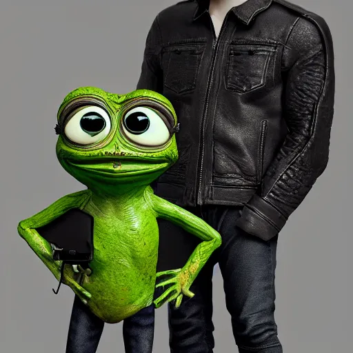 Image similar to perfectly accurate miniature figure of pepe the frog wearing jeans and a black leather jacket, soft textures, skin texture, clothing, 3d sculpture, textured, fine detail, lifelike, photo, high resolution, octane render, post processing, after effects, trending on artstation