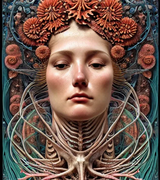 Image similar to hyperrealistic detailed face side portrait of the beautiful goddess of the fish skeletons with an intricate headgear of corals, sea kelp, sea plants, fish, starfish, jellyfish, art by ernst haeckel, john william godward, android jones, alphonso mucha, h. r. giger, gothic - cyberpunk, ornamental, beautiful deep colours,