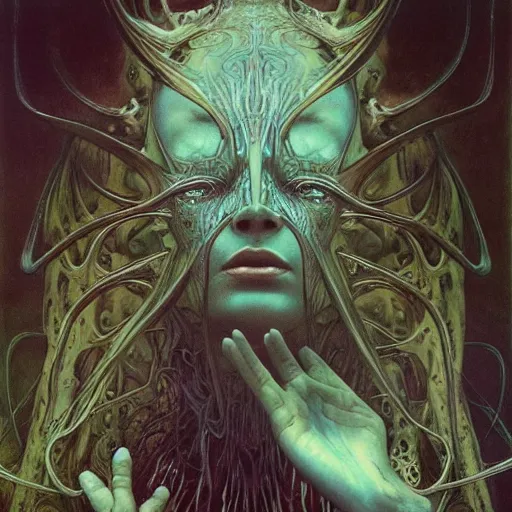 Prompt: alien high priestess by zdzisław beksinski, iris van herpen, raymond swanland and alphonse mucha. highly detailed, hyper - real, beautiful