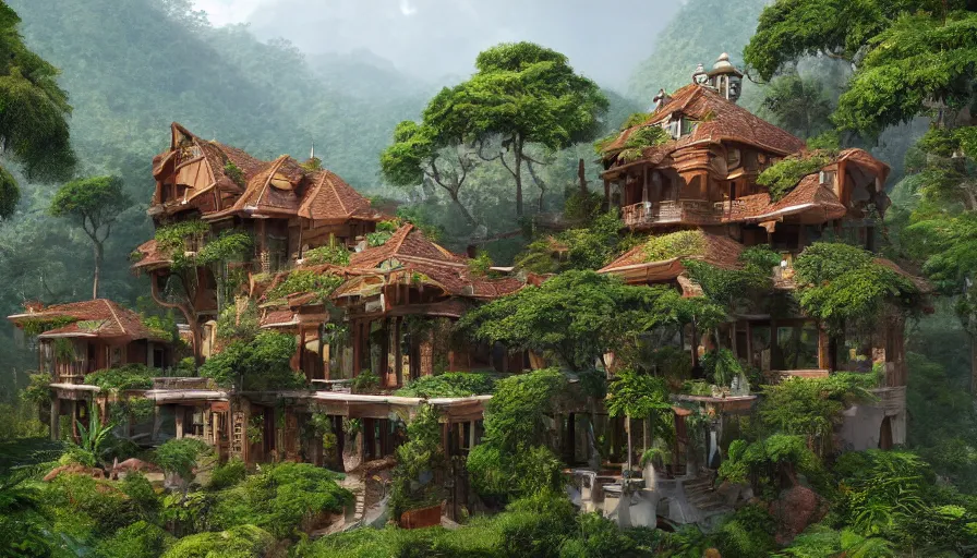 Prompt: Magnificent glazed villa with a wooden balcory built on the edge of a green mountains in the jungle, hyperdetailed, artstation, cgsociety, 8k