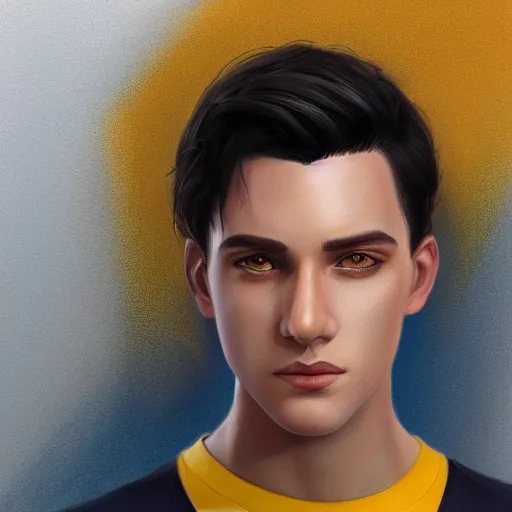 Image similar to ultra realistic illustration, a young man with black hair, in a yellow t - shirt, with blue eyes, highly detailed, digital painting, artstation, concept art, smooth, sharp focus, illustration