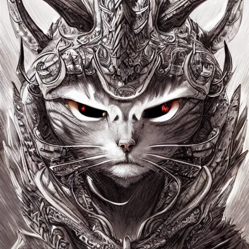 Prompt: a cat as a dragon, scare, highly detailed face, full body, fantasy art, monster art, style of masami kurumada, illustration, epic, fantasy, intricate, hyper detailed, artstation, concept art, smooth, sharp focus, ray tracing