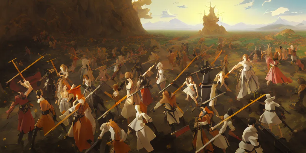 Image similar to baroque oil painting of key visual environment concept art of anime maids fighting a crusade for the anglican church, brutalist, dark fantasy, rule of thirds golden ratio, fake detail, trending pixiv fanbox, acrylic palette knife, style of makoto shinkai studio ghibli genshin impact jamie wyeth james gilleard greg rutkowski chiho aoshima