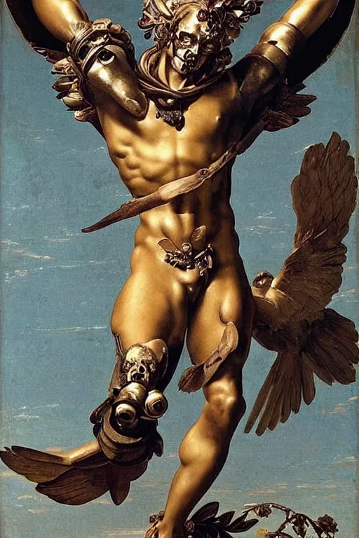 Image similar to a young handsome Spanish metal android with a large glowing battery in the center of his chest in a full-body bronze cyberpunk style statue of Icarus with glowing blue eyes, crown of peach roses, flowing teal-colored silk, fabric, flowers. baroque elements, human skull. full-length view. baroque element. intricate artwork by caravaggio. many many birds birds on background. Trending on artstation, octane render, cinematic lighting from the right, hyper realism, octane render, 8k, depth of field, 3D