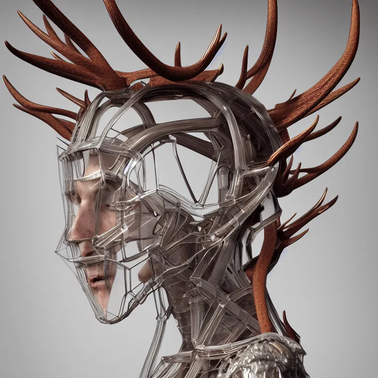 Image similar to portrait of transparent exoskeleton ms with ribbed body, covered with twisted ribbed crooked antlers, baroque portrait by rutkowsky and charles vess and james jean and erik jones and rhads, 3 d octane render, beautiful fine face features, intricate high details, sharp, ultradetailed, artistic photography