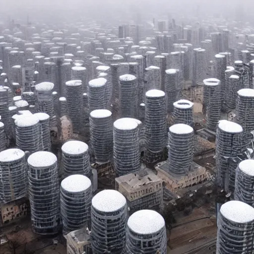 Image similar to apocalyptic city, buildings covered in shiny white liquid