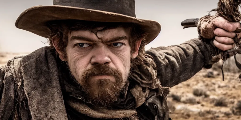 Image similar to close up of rugged bandit cialien murphy ( ( alone ) ) in the old west, handcuffed by shackles at a campfire and thomas brodie - sangster ( ( alone ) ), violently fist fighting, volumetric lighting, cinematic, dark, grim, unforgiven