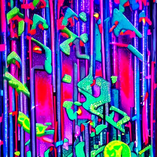 Image similar to lush enchanted forest interlocking with machines by salome totladze, bursts of color, beautiful, neon