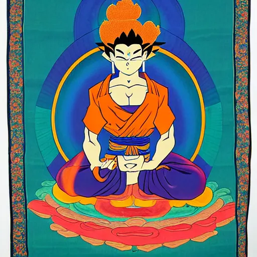 Prompt: Goku depicted in a Buddhist style Thangka painting