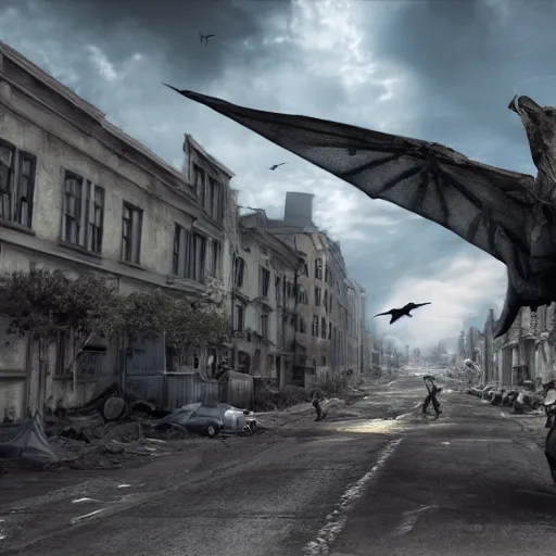 Image similar to realistic wyverns flying in a post apocalyptic street, photorealism 8k , high details