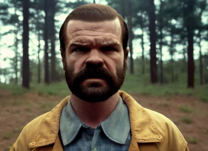 Image similar to film still of jim hopper as dustin henderson in stranger things, 8 k