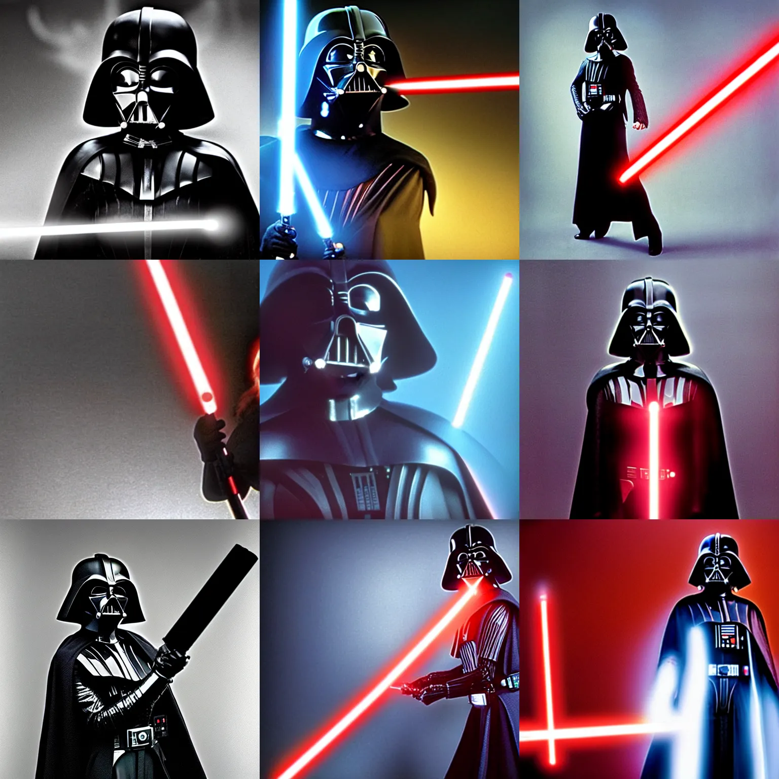 Prompt: A female Darth Vader poses with lightsabers, screen test photograph