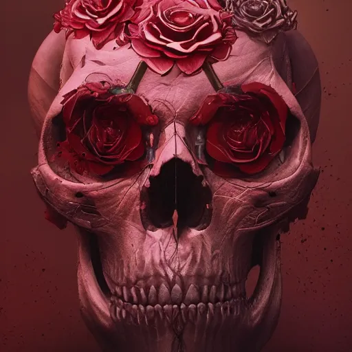 Image similar to skulls and roses, intricate artwork by Tooth Wu and wlop and beeple. octane render, trending on artstation, greg rutkowski very coherent symmetrical artwork. cinematic, hyper realism, high detail, octane render, 8k, red and black tones