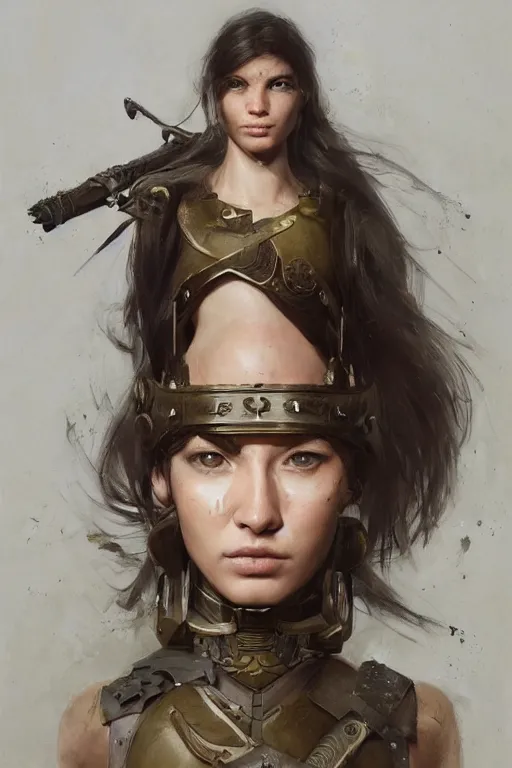 Prompt: a photorealistic painting of an attractive young girl, partially clothed in battle armor, olive skin, long dark hair, beautiful bone structure, symmetrical facial features, intricate, elegant, digital painting, concept art, illustration, sharp focus, minimal artifacts, from Metal Gear, in the style of Ruan Jia and Mandy Jurgens, by Greg Rutkowski, trending on Artstation, award winning