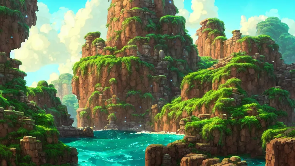 Image similar to ancient atlantean ruins, studio ghibli, pixar and disney animation, sharp, rendered in unreal engine 5, highly detailed, digital painting, artstation, concept art, smooth, sharp focus, illustration, wide angle, artbook, wallpaper, splash art, promo art, dramatic lighting, art by artgerm and greg rutkowski and bo chen and jin xiaodi